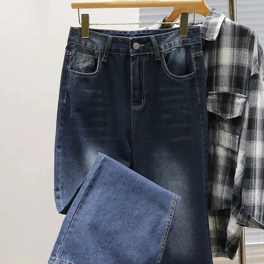 252 韩版复古蓝高腰阔腿百搭显瘦宽松牛仔裤
