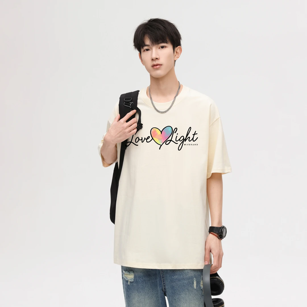 IVEIII美式夏季字母爱心印花纯棉宽松重磅圆领短袖T恤 男女同款