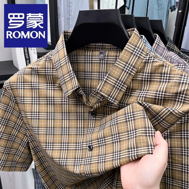 Romon/罗蒙高档男士格子短袖衬衫中青年宽松免烫休闲百搭格纹衬衣
