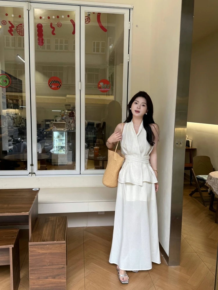 【鹤梦花枝】法式气质V领绑带收腰无袖背心女松紧腰宽松半身裙套装