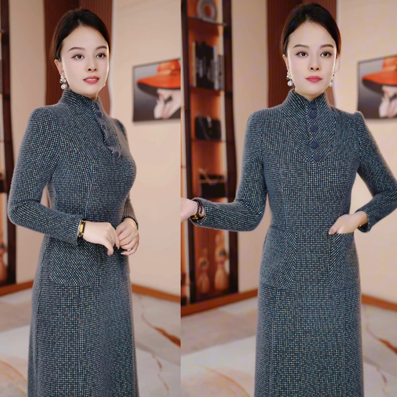 贵妃绒格纹冬季加厚修身显瘦遮肉连衣裙H5B500气质高雅