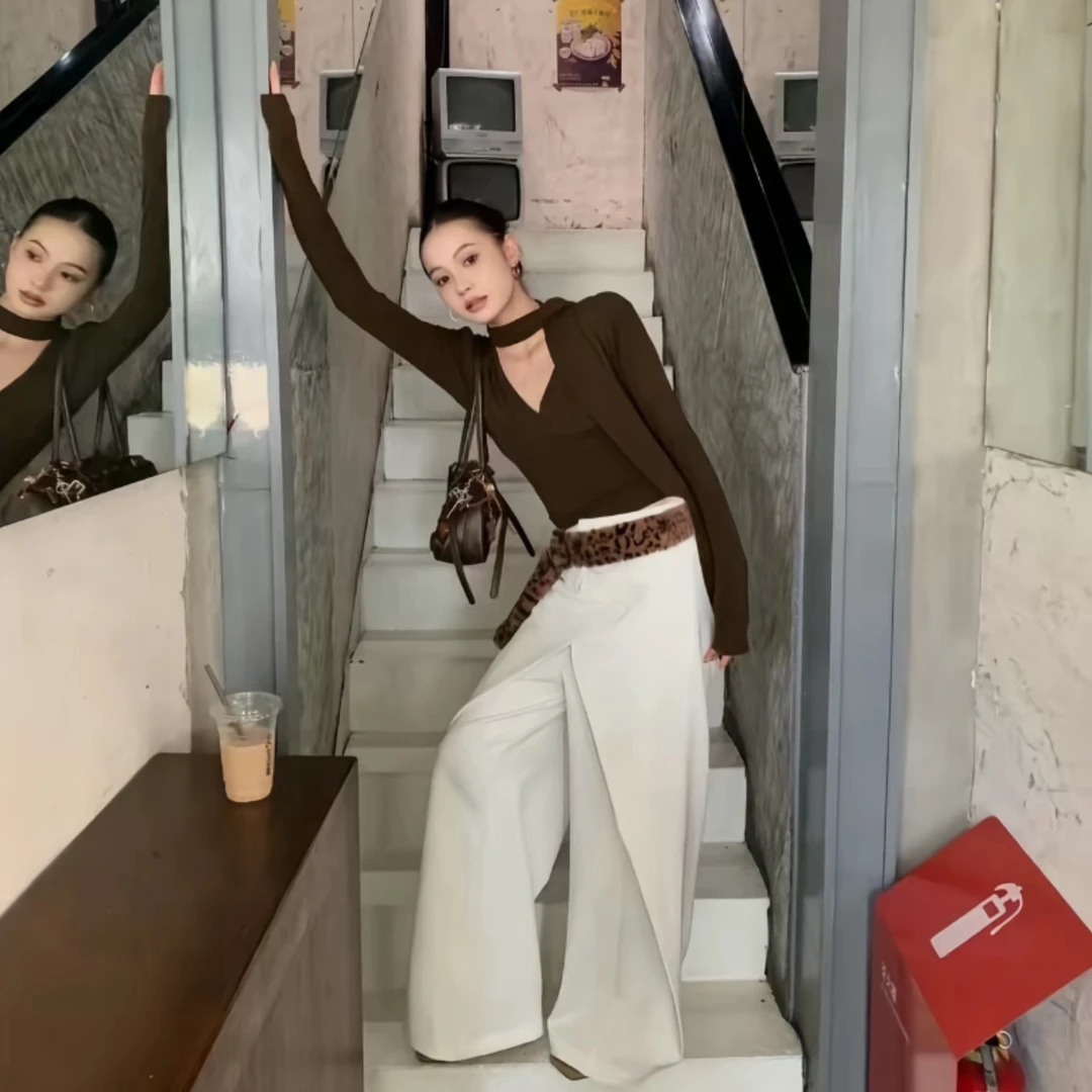 喜糖 福（1xt671#）显瘦款 飘带挂脖后露背V领长袖T恤 8-27