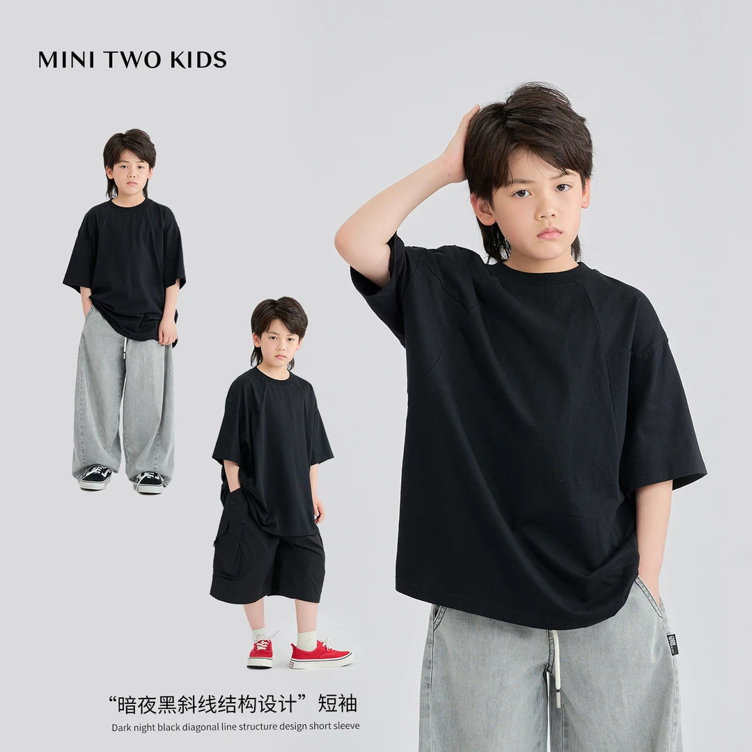 MT原创童装日系男童暗夜黑斜线结构设计短袖t恤夏季新款中大童潮
