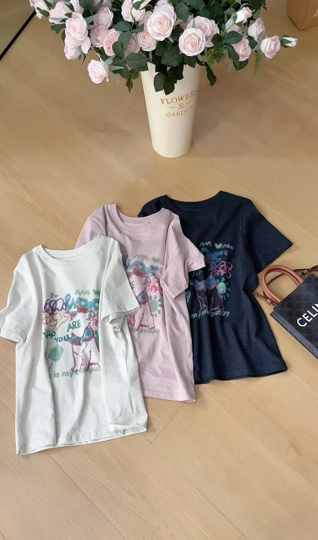 TY5 【彩纱棉】韩系复古天然彩纱棉手绘短袖T恤(衣长60)