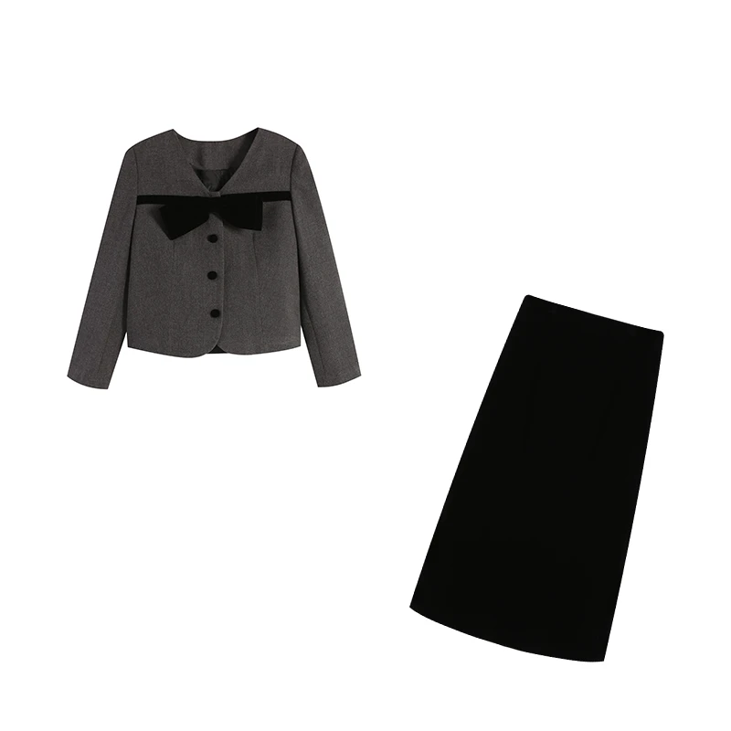 【五季家】秋冬简约大气小香风灰色上衣+黑色长半裙两件套ZL112543