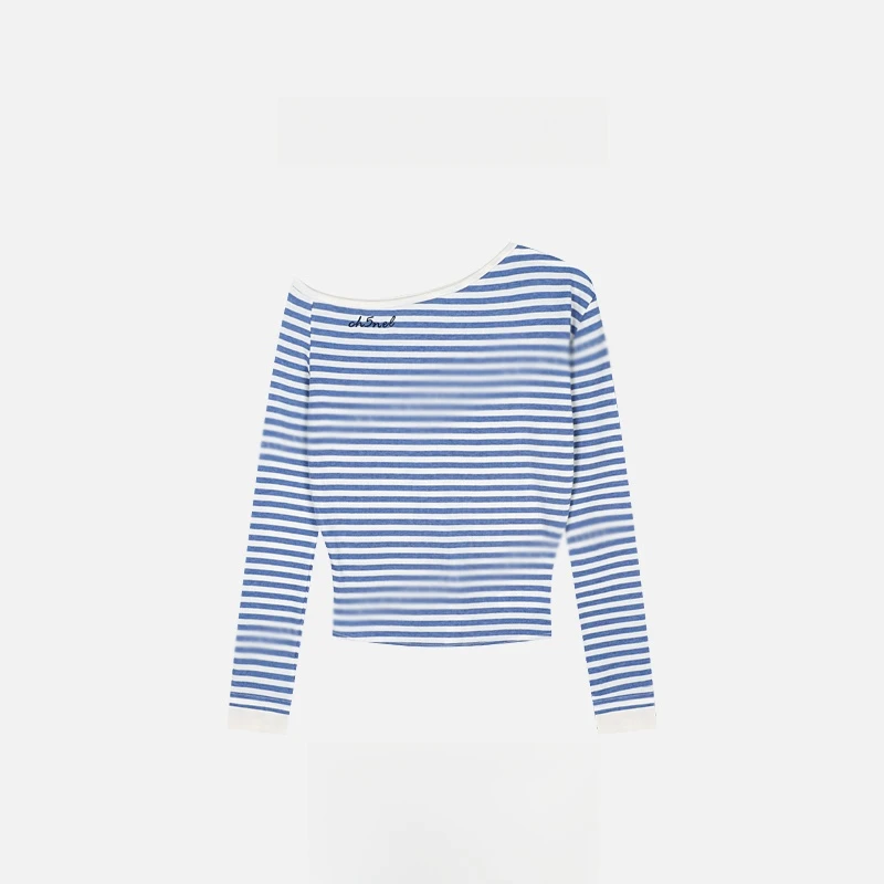 蓝白条纹短款修身打底t恤女春秋2025年新款韩系露肩高腰长袖上衣