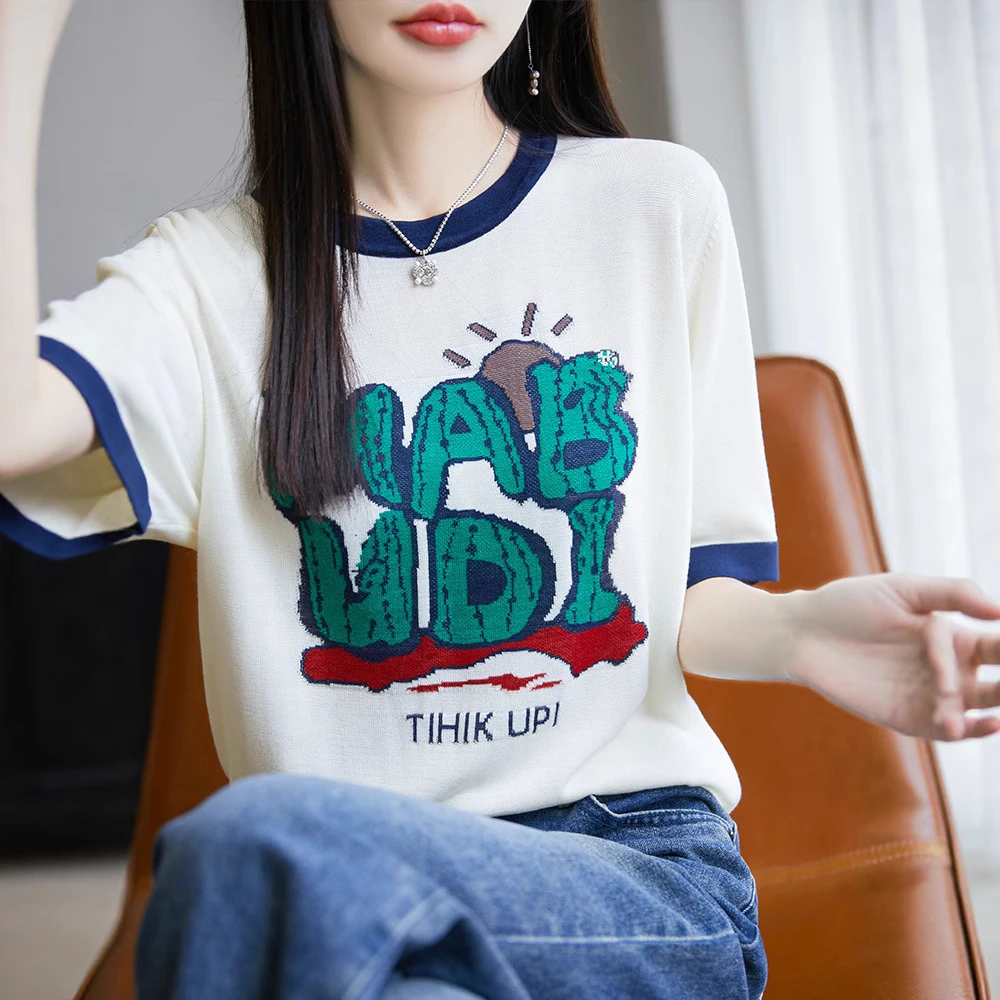 春夏新款减龄洋气短袖针织衫女装高端轻奢提花圆领T恤衫短款上衣