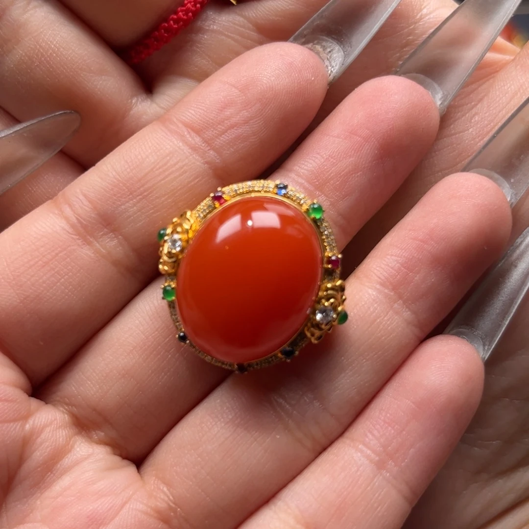 南红玛瑙戒指18K金镶嵌H*