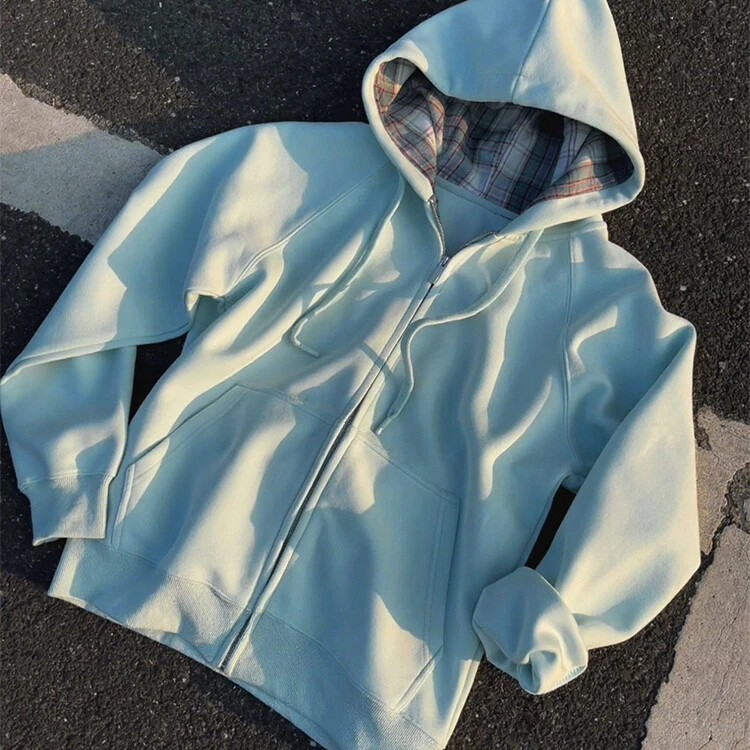 cleanfit蓝色格子内里开衫连帽卫衣男秋季美式慵懒风潮牌重磅外套