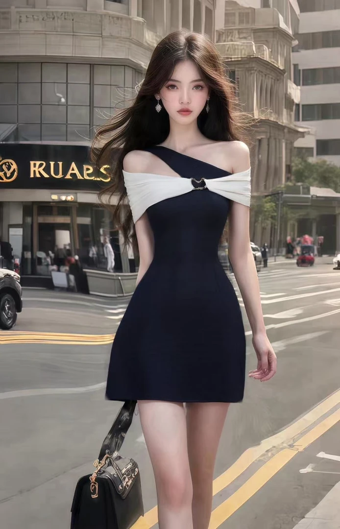 夏季新款小众黑色别致设计感斜领收腰轻奢优雅高级氛围感连衣裙