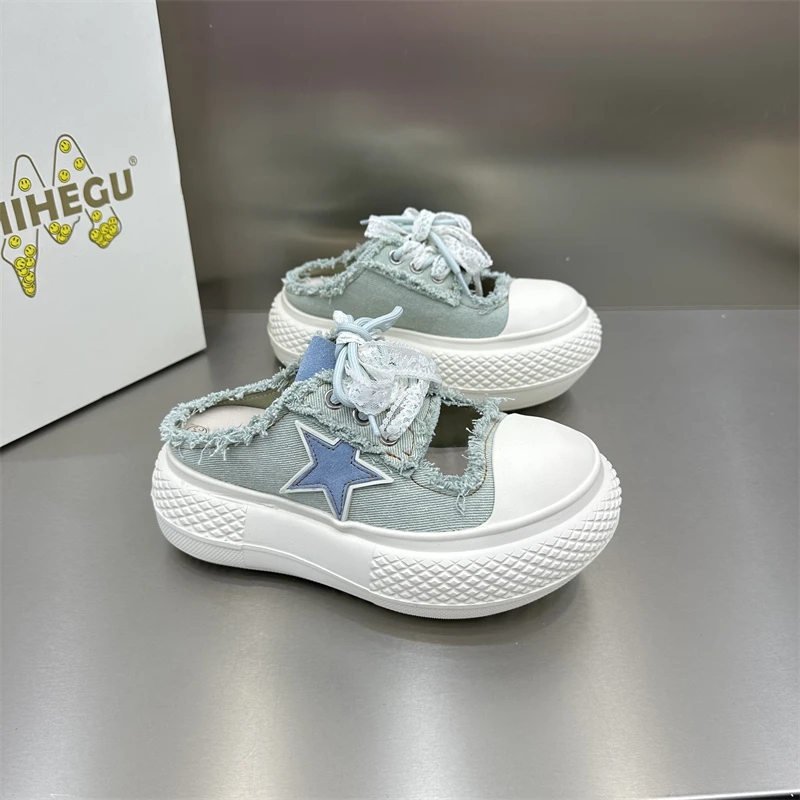 女鞋时尚百搭夏季透气外穿小众厚底平底ins网面半托镂空潮流潮鞋