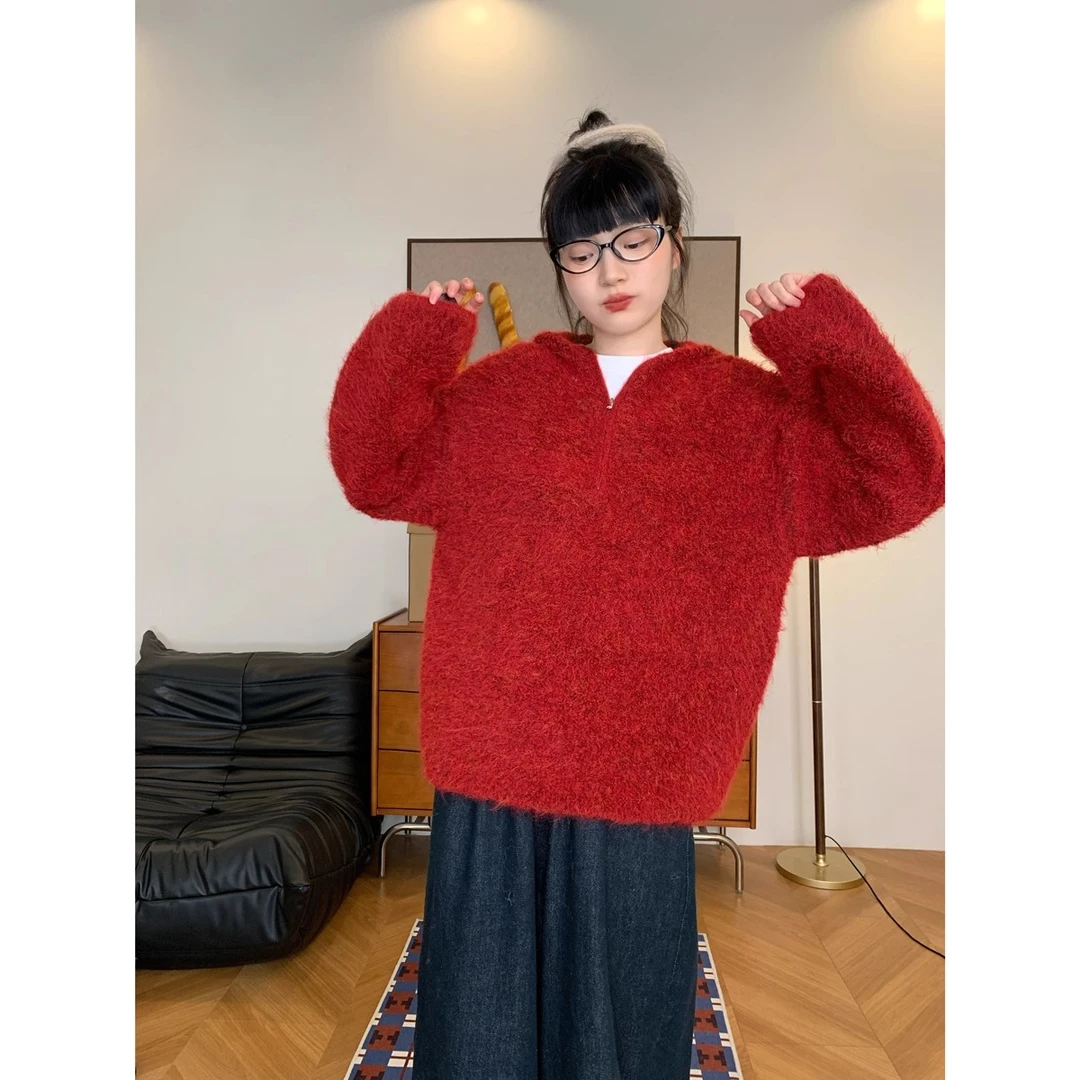 慵懒风简约纯色连帽半拉链毛衣女秋季新款显瘦时髦百搭针织衫上衣