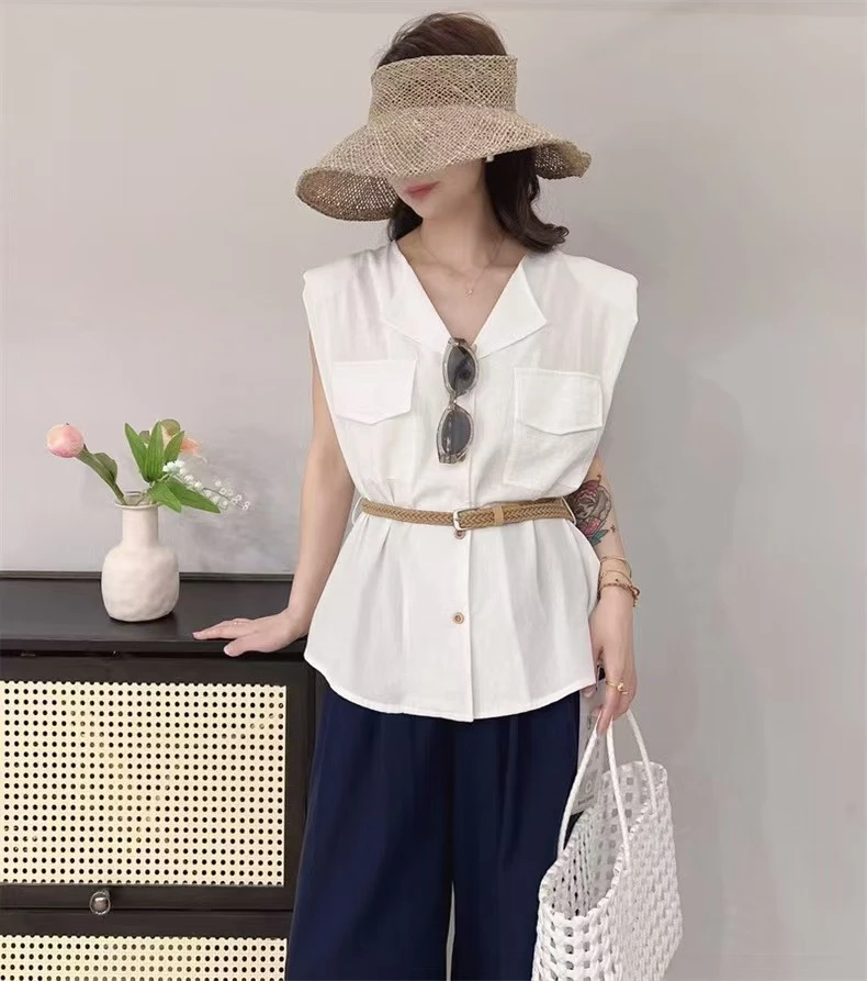 02617  张十柒夏季新款时尚格子无袖衬衫高腰显瘦阔腿裤两件套