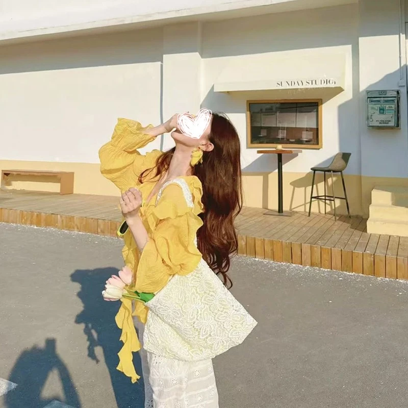 [浮光锦]韩单蕾丝重工荷叶边云纱防晒衬衫上衣长袖轻薄衬衣女8881