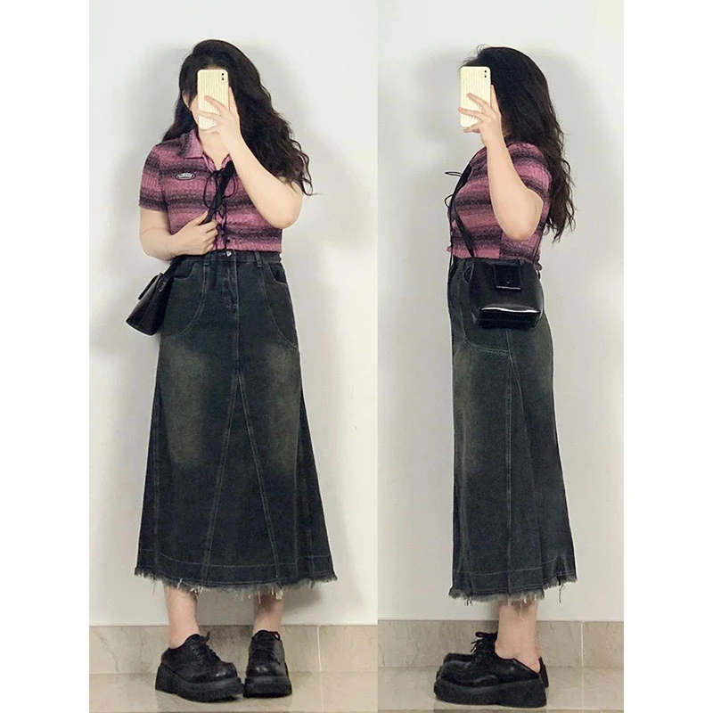 300斤大码胖mm牛仔半身裙女春季新款长裙高腰遮肚显瘦a字裙子