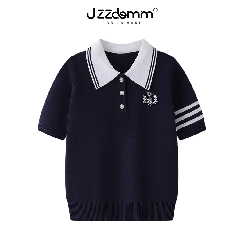 九州诚品/JZZDEMM小熊刺绣条纹翻领夏装女2025年新款针织短袖上衣