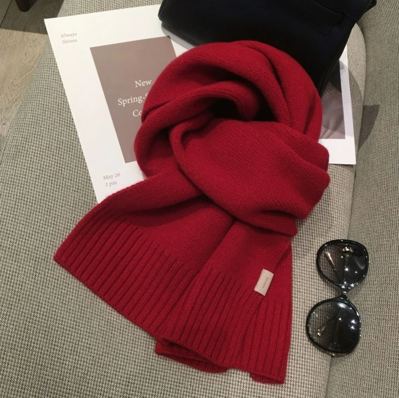 加宽加长全羊毛围巾针织百搭红色纯色时尚送人送礼大款围巾