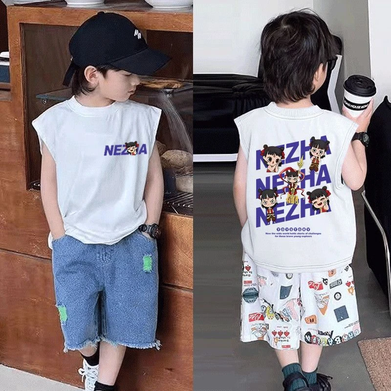 男儿童哪吒宝宝纯棉t恤新款夏季无袖背心印花儿童洋气国潮上衣潮T