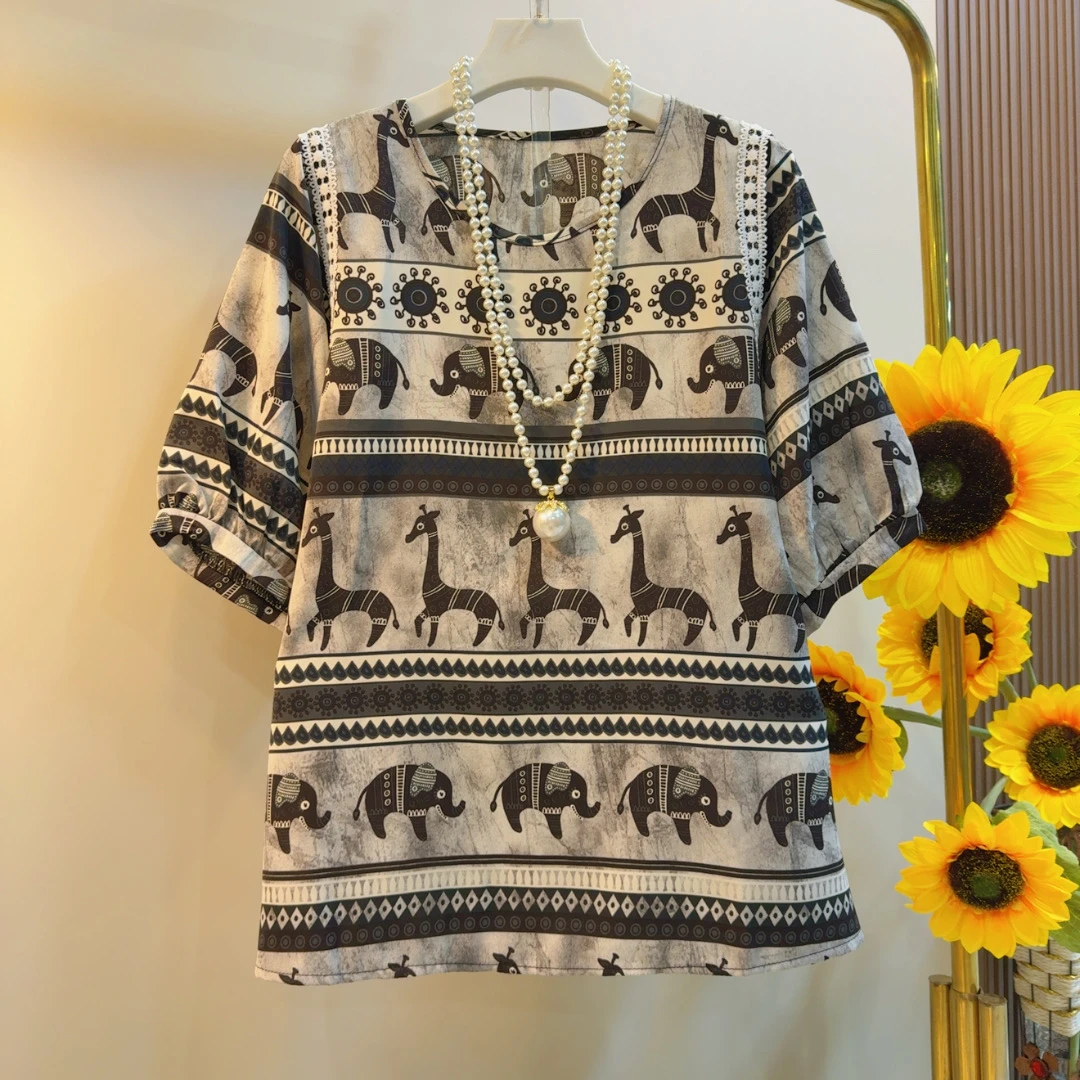 YD夏季新款印花遮肉小衫气质上衣女宽松半袖