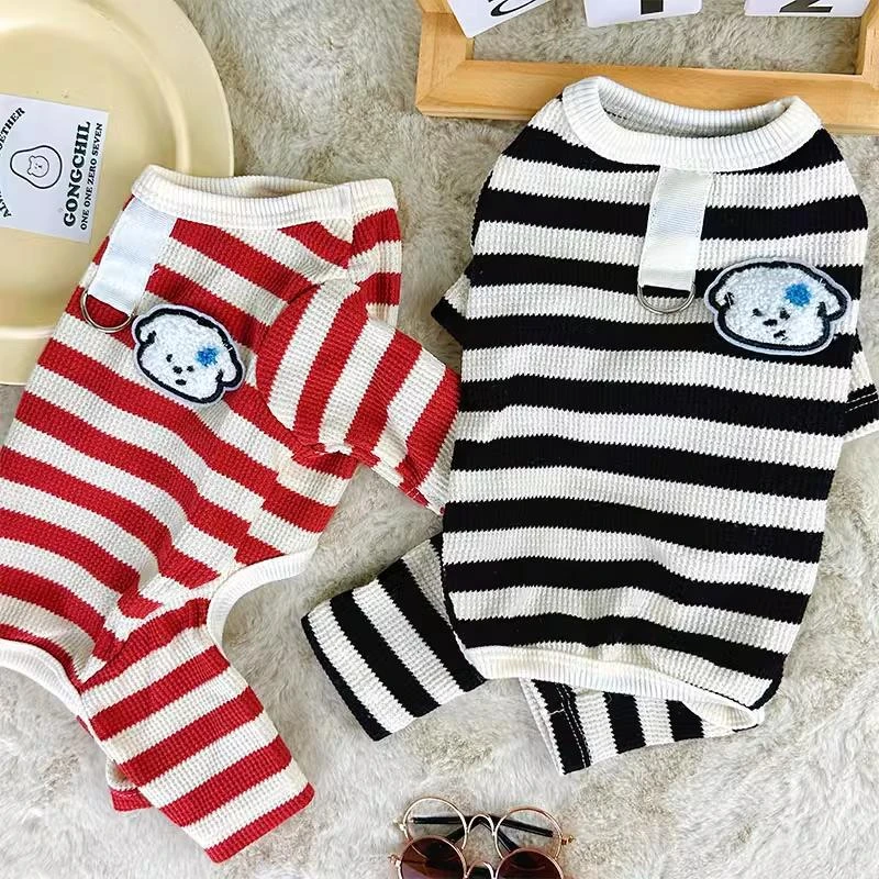 针织宠物秋冬条纹四脚服冬季狗狗衣服防掉毛泰迪比熊小型犬适用