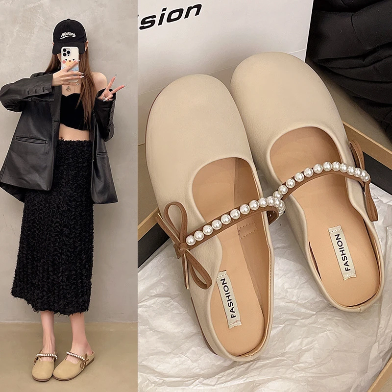 外贸包半拖鞋女外穿2025夏季新款法式珍珠蝴蝶结底懒人喜儿爱吃辣