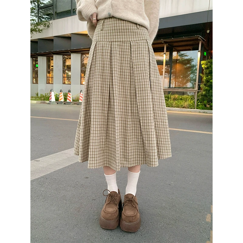 耶古文艺绿色磨毛压褶半身裙女秋冬季高腰小个子显瘦a字百褶裙子