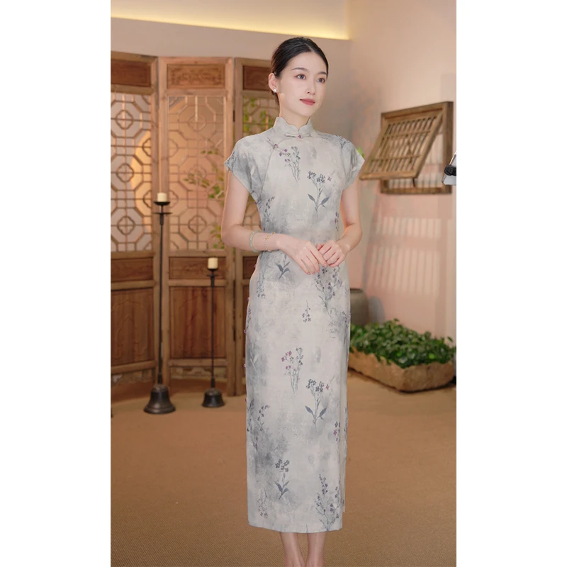 【楚瑶】良辰媄锦全开襟单层夏季中长款旗袍衣长约125CM