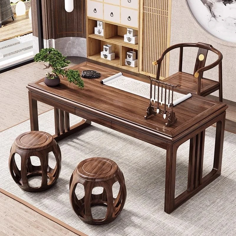 新中式乌金木实木书桌办公桌电脑书桌卧室小型茶桌家用桌子写字台