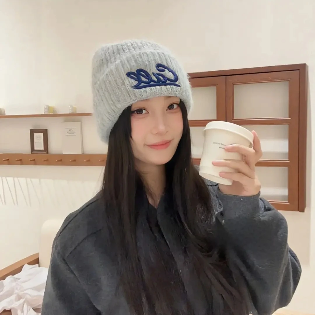 新款韩版大头围字母刺绣毛线帽女秋冬保暖防寒针织帽显脸小套头帽