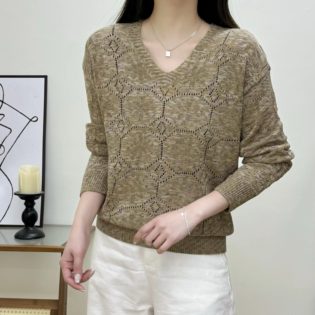 【七彩~棉纱线】2025年春季新款女装打底宽松V领套头针织衫气质上衣