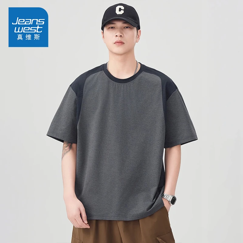 Jeanswest/真维斯新款双色拼接凉感T恤男潮流时尚休闲百搭上衣男