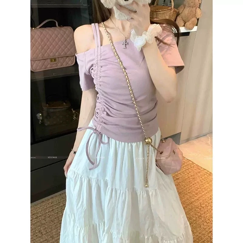 【轻颜韩女】9562微胖mm夏季斜肩抽绳绑带T恤设计感不规则短袖上衣