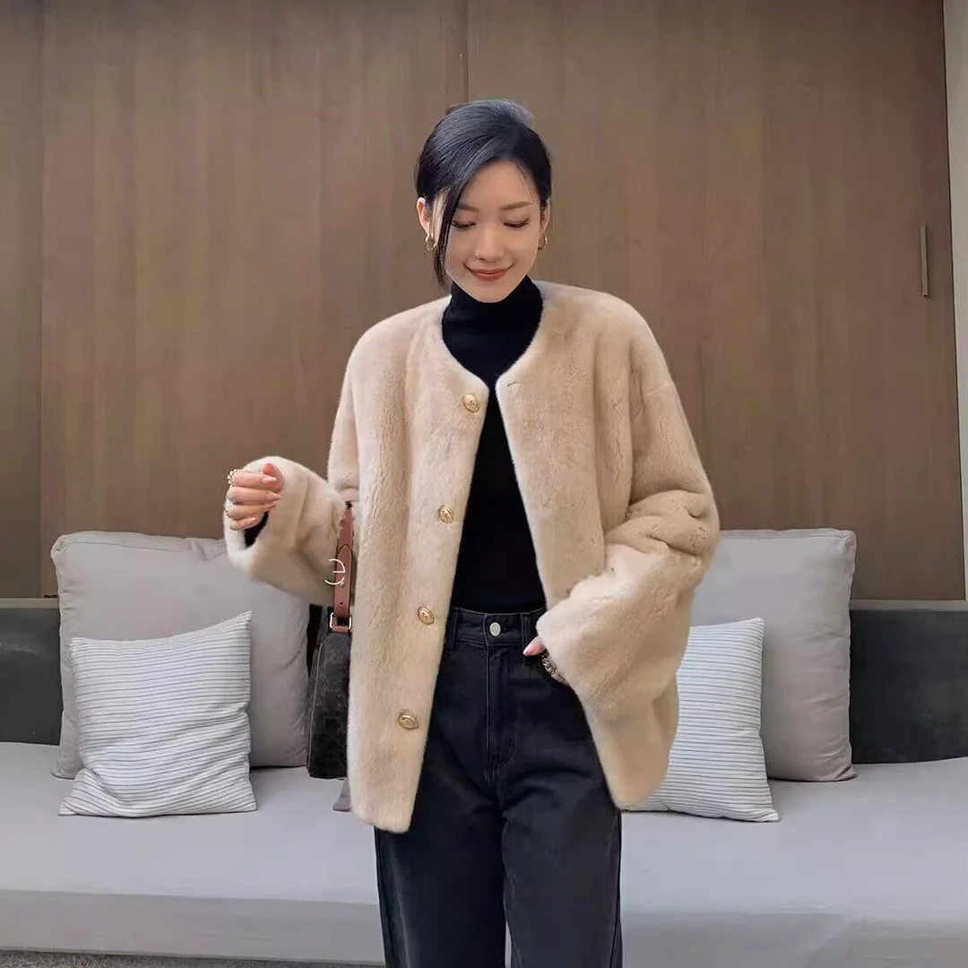 进口紫标级天鹅绒貂皮皮女整貂水貂毛外套短款圆领宽松冬