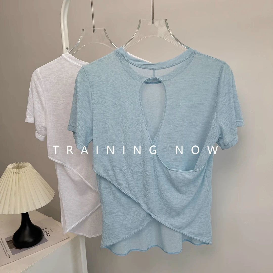 宽松薄款运动罩衫女夏跑步训练透气速干短袖镂空美背瑜伽健身上衣