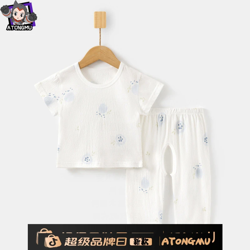 婴儿薄款a类T恤套装纯棉泡皱布家居服夏季儿童长裤睡衣宝宝空调服