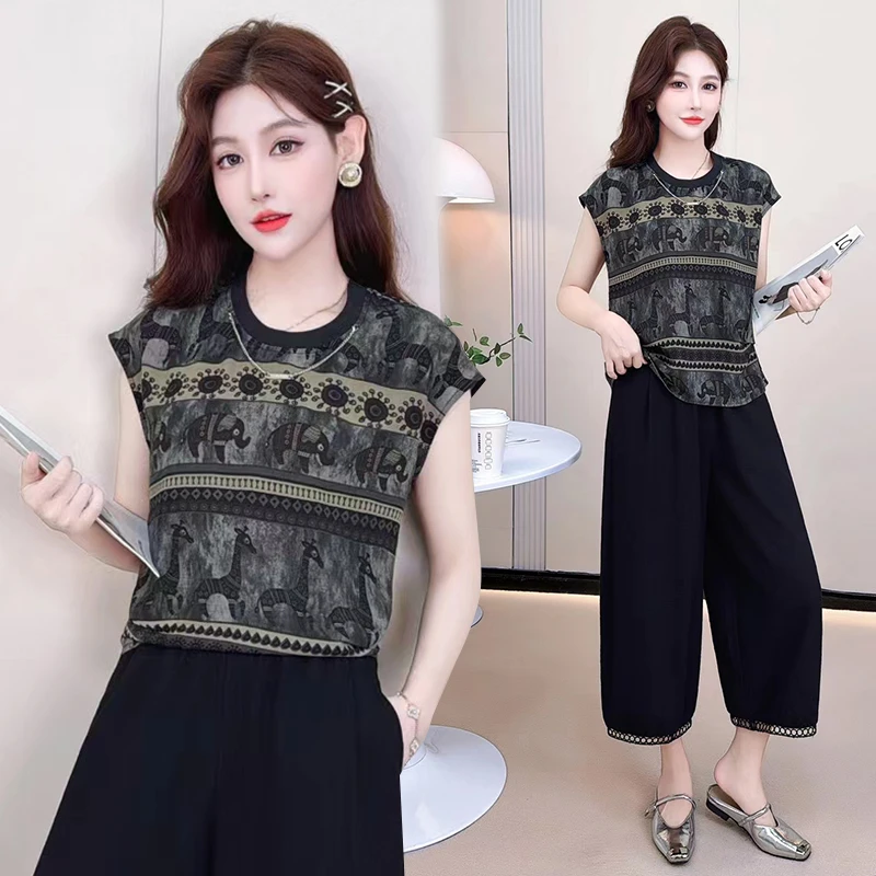 显瘦宽松上衣时尚套装轻职风静奢风短袖休闲风洋气2025两件套潮流