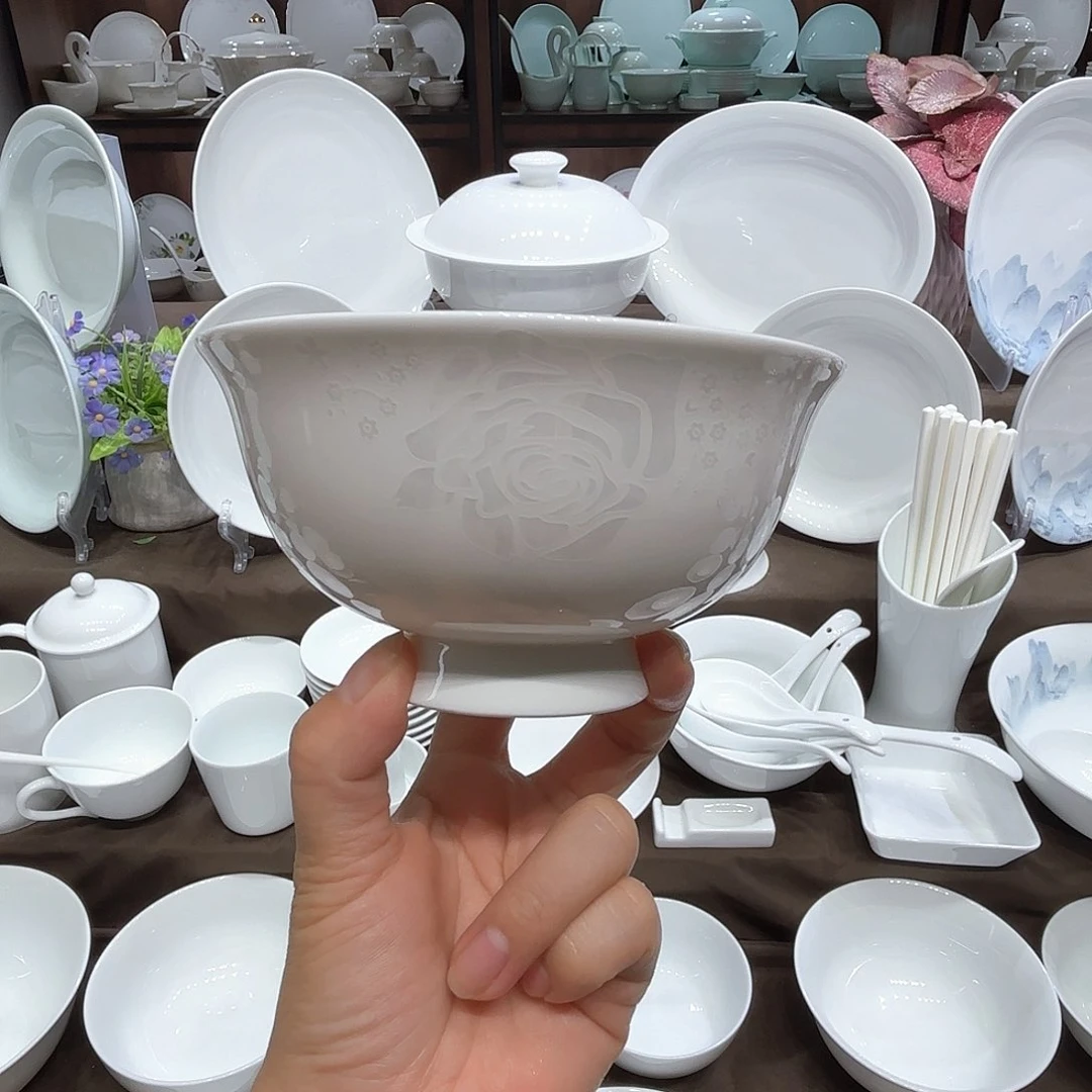 瓷白玫瑰5寸高脚碗6个