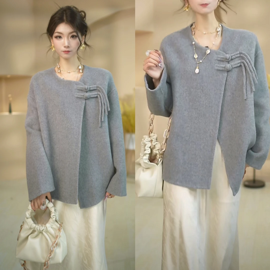 国风盘扣双面羊毛大衣女短款2025年春新款毛呢外套小个子中式