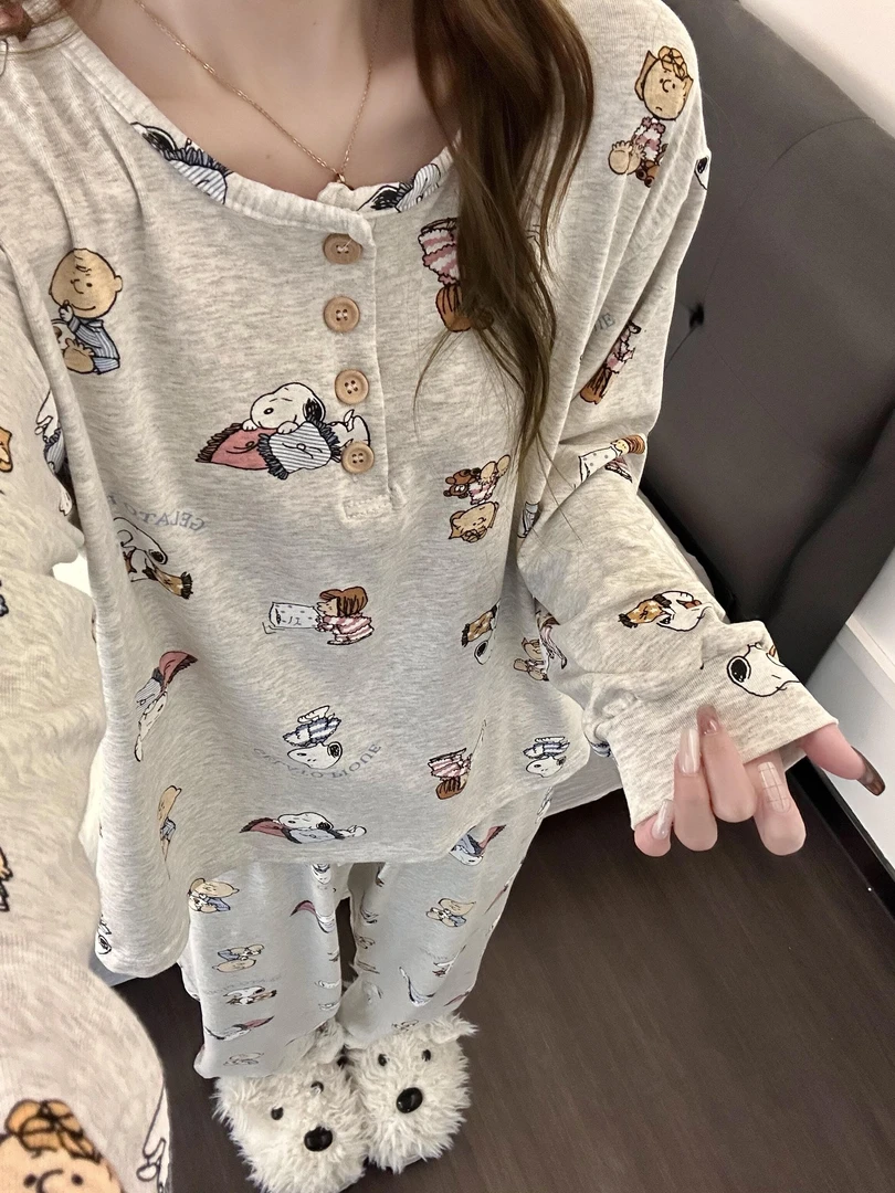 韩系甜美可爱卡通小狗长袖睡衣女春秋季新款显瘦家居服套装可外穿