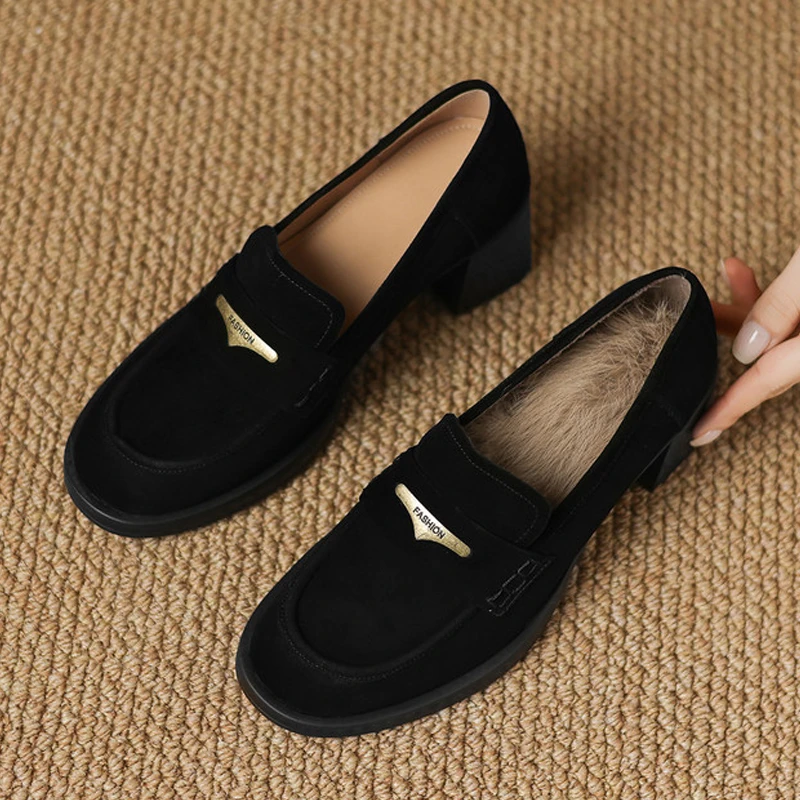 真皮金属扣高跟鞋加绒保暖深口乐福鞋子百搭粗跟英伦风复古单鞋女