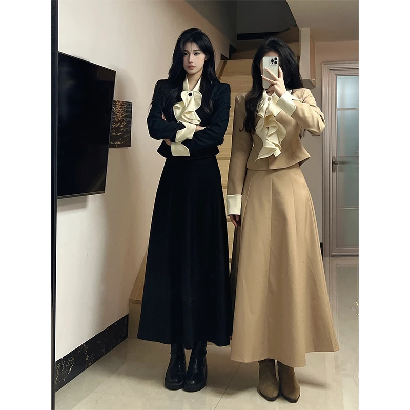 x韩系财阀千金 赫本风套装荷叶边西服上衣+A字半裙两件新款秋冬女
