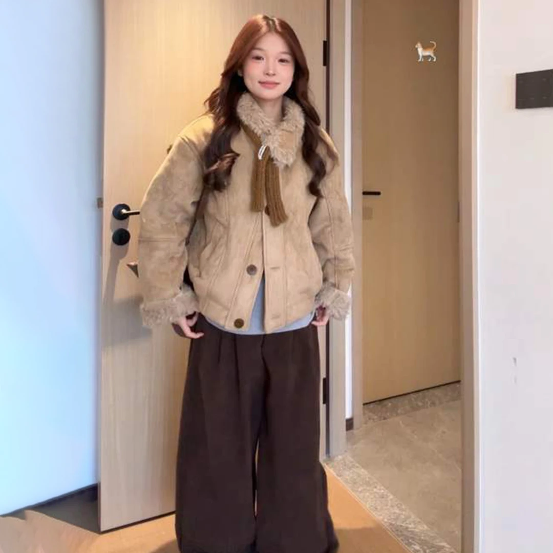 美式复古卡其色毛毛短外套女2025加厚保暖毛领夹克小个子宽松上衣