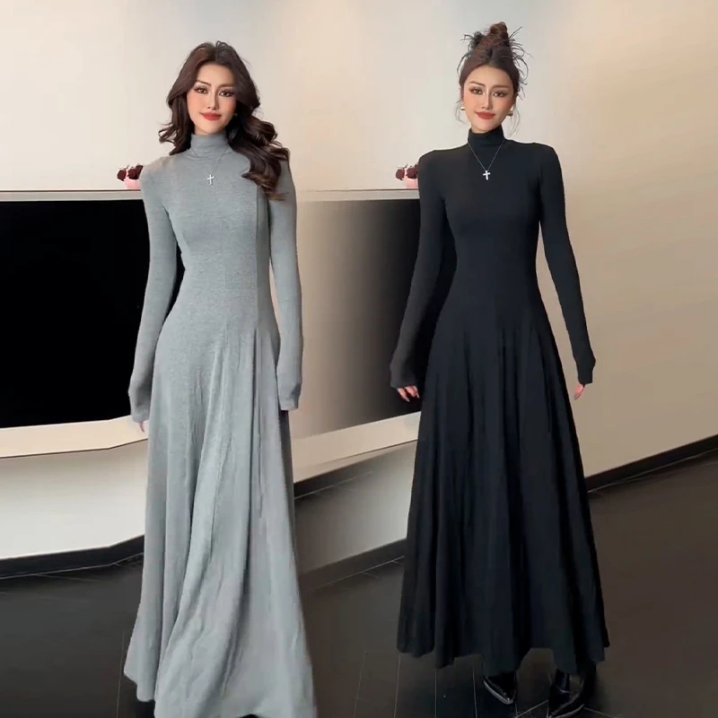 法式独特气质高领连衣裙女秋冬季掐腰修身显瘦包臀打底内搭长裙子