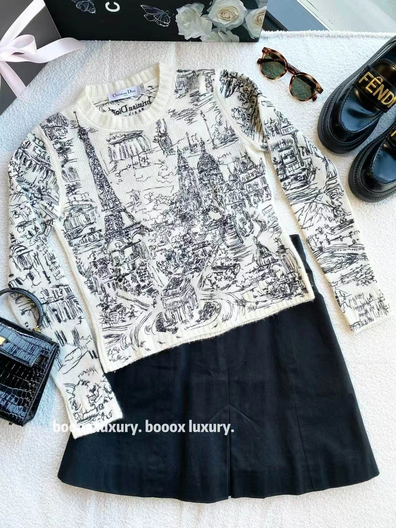 95新 DIOR/迪奥 yy1273 山羊绒 24ss铁塔地图刺绣logo毛衣 34码