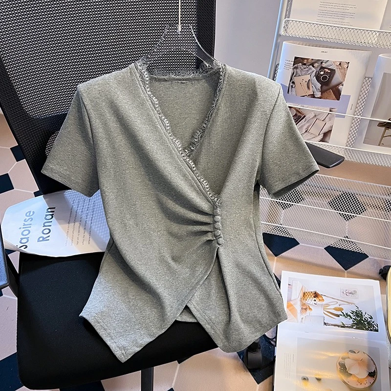 2025爆款夏季褶皱小众设计感韩版圆领T恤白色气质显瘦时尚不规则