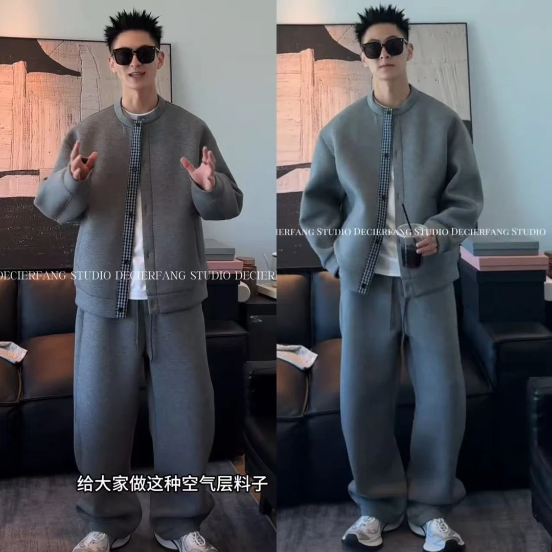 秋季新款重磅拼接假两件休闲套装男简约高级感时尚外套卫裤一整套