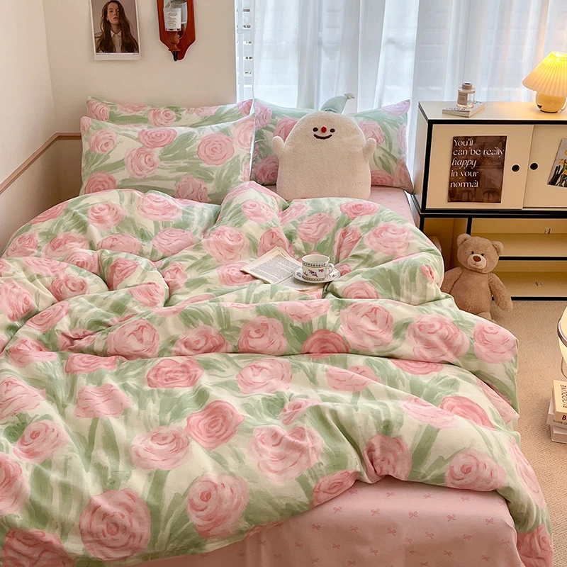 ins小清新全棉四件套晕染花100斜纹纯棉床单被套田园风少女心床品