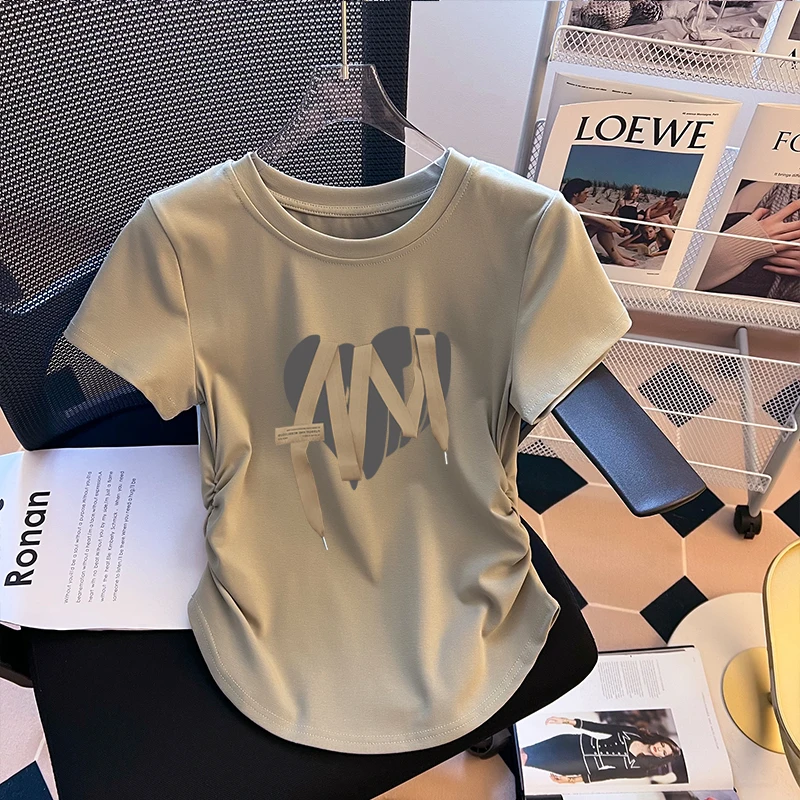 夏季正肩修身显瘦辣妹洋气短袖t恤女设计感小众抽褶收腰短款上衣