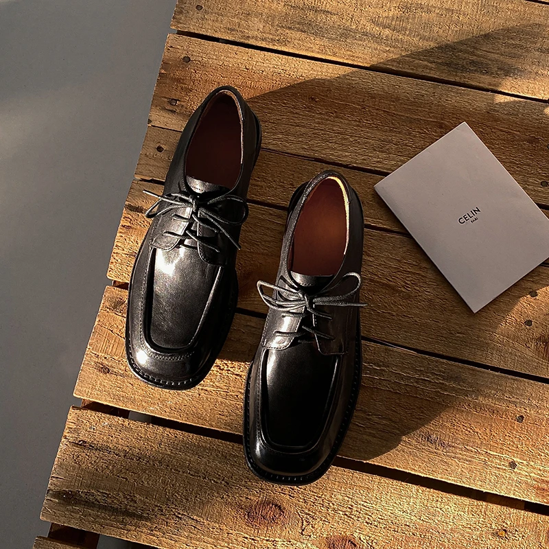 舒适高档时尚原创植糅马皮手工系带女单鞋深口德比鞋软皮底小皮鞋