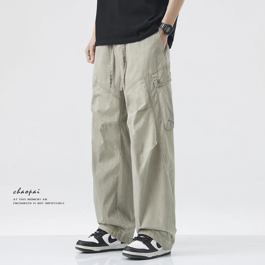 春夏款卡其色直筒工装休闲裤男士2025新款潮牌宽松大码伞兵阔腿裤